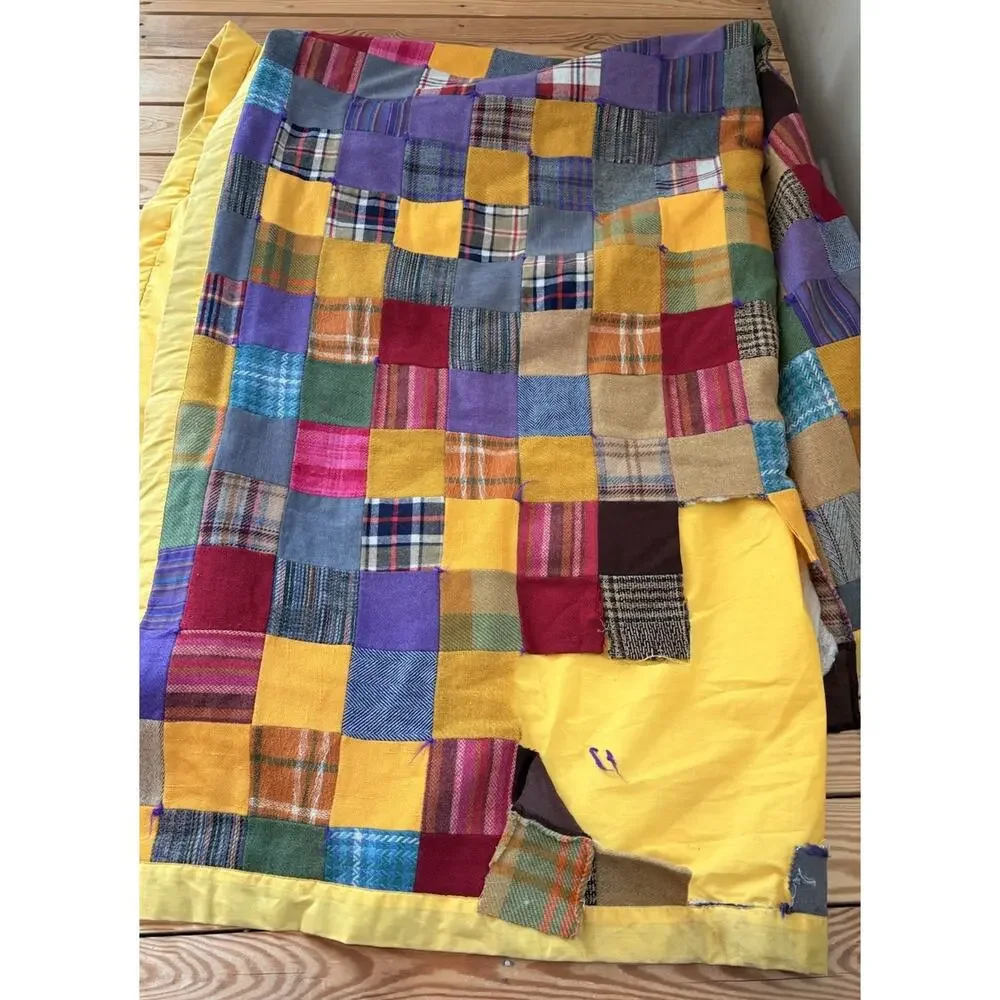 Vintage Handmade Wool Patchwork quilt Size 84x70 Yellow Sf